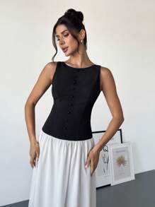 SHEIN Privé Women's White Sleeveless Front Button Decorated Backless Dress, Suitable For Valentine's Day, Concerts, Performances, Dates, Banquets, Weddings, Sexy, Elegant, Commute, Back To School, Vacation, Beach, Romantic