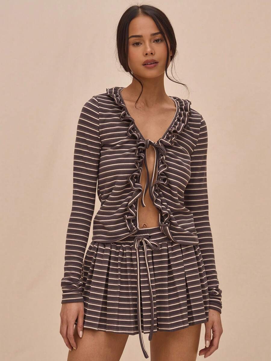 MUSERA Soft Touch Frill Trim Longline Tie Up Striped Cardigan For Springs Summer 90s - Brown - View 1