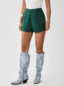 SHEIN LUNE High Waist Roll Up Hem Straight Leg Shorts - Dark Green - View 5