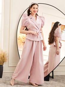 SHEIN Zweiteiler für Teenager Mädchen: elegante Bluse mit Ballonärmeln und Bindung in der Taille & weite Hose