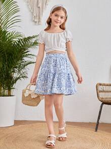SHEIN Leap Crew Tween Girl Blue & White Chinoiserie Print Patchwork Ruffle Trim Holiday Skirt - Blue - View 6
