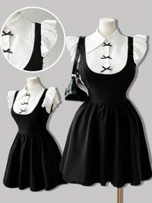 Flirla Plus Size Sweet Preppy Bowknot Decor Cap Sleeve Shirt & Dress 2-In-1 Set For Women - Black and White - View 3