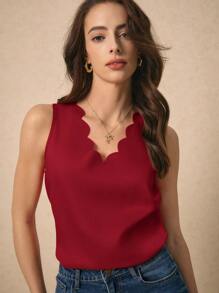 SHEIN Frenchy Solid Scallop Trim Sleeveless Top, Summer Top, Elegant Style Christmas New Year Red Burgundy - Burgundy - View 1