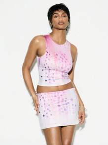 KIZN Modern Polka Dot Co-Ord Set Mini Skirt With Matching Crop Top Summer Party Festival Club Two Piece Outfit Coordinated Set Designer Print - Multicolor - View 1