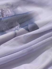 DAZY 2pcs Women Floral Print Mesh Long Sleeve Top And Dress Set, Minimalist