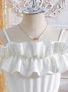 Tween Girls' Solid Color Ruffle Ruffle Hem Maxi Dress, Ivory White Tone, Showcasing Elegant Bohemian Style, Suitable For Various Occasions - White - View 5