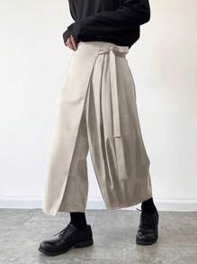 Manfinity Roghcode Fashionable Tie Waist Pleated Elastic Waist Wide Leg Solid Color Pants - Beige - View 1