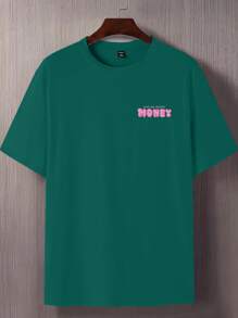 Manfinity Hypemode Plus Size Men's Casual Simple Letter Print Crew Neck Short Sleeve T-Shirt - Dark Green - View 2