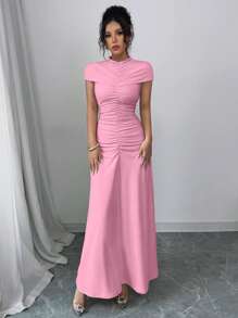 Elenzga Abito da sera di lusso da donna Elenzga, colore unito, design arricciato, elegante con maniche a cappuccio, maxi dress, abito lungo per estate, stile boho, vacanza, festival