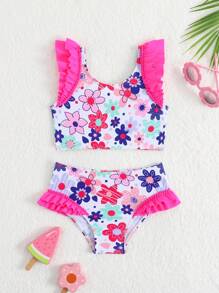 2pcs/Set Young Girl Swimwear, Random Printed, Fly Edge Loose' - Multicolor - View 3
