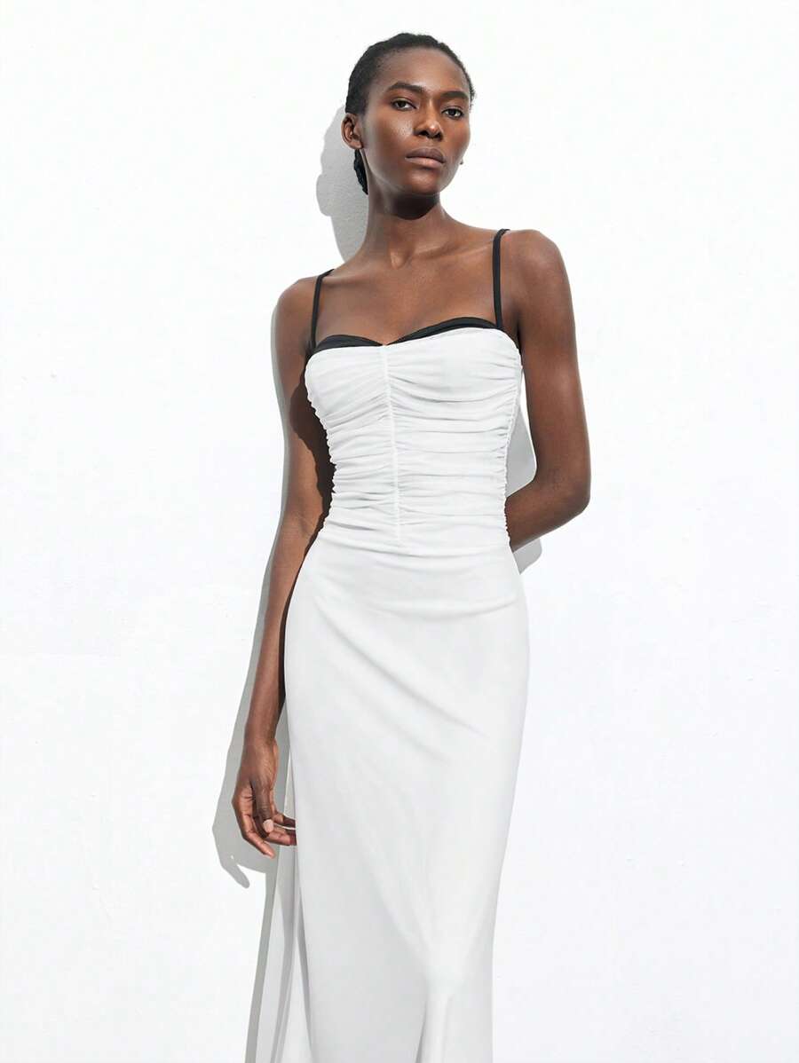 Maija 2025 年夏季新款女士优雅透明连衣裙，适合海滩、音乐节、母亲节、派对、海滩度假、办公室通勤、简约百搭、单色拼接设计无袖露背连衣裙 - 黑與白 - 查看 1