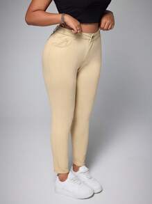 SHEIN EZwear 大码前扣口袋简约修身牛仔裤，休闲日常穿着 - 卡其色 - 查看 1