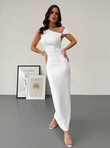 Firerie New Elegant Asymmetric Shoulder Ruffle Metal Decor Waist Pleated Slim Fit White Maxi Dress, Romantic Date For Valentine's Day,Graduation,Teacher Outfits For Women,Teacher Dress - White - View 6