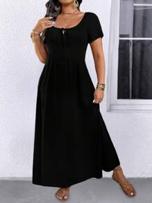 EMERY ROSE Plus Size Women Square Neck Tie Waist A-Line Casual Dress - Black - View 4