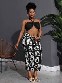 Slaydiva Plus Size Women 2pcs Set - Tied Neck Camisole Tank Top & Bodycon Skirt, Resort Wear - Multicolor - View 4