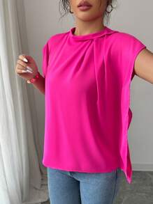 Elenzga Solid Color Sleeveless Pleated Casual Shirt, Suitable For Everyday Wear - Hot Pink - View 3