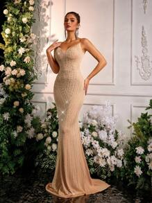 Glamrae 优雅闪亮杏色水钻点缀美人鱼风格长裙，适合正式晚会和庆典