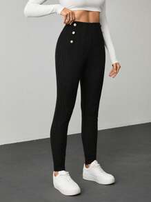 SHEIN Tall Quần legging cạp cao màu trơn đa năng giản dị - màu đen - Xem 6