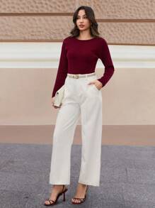 EURMUSE Damski sweter w jednolitym kolorze z wycięciem na plecach i ściągaczem