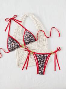 SHEIN 2 Pieces Set Women's Summer Holiday Beach Random Animal Print Leopard Metallic Drawstring Halter Backless Top And Side Tie-Up Shorts Bikini Set