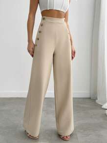EURMUSE Casual Style, Button Side Detailed Straight Fit Pant - White - View 1