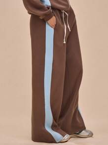 MUSERA 阔腿抽绳撞色拼接运动裤套装，仅限S码休闲款 - 橄欖綠 - 查看 3