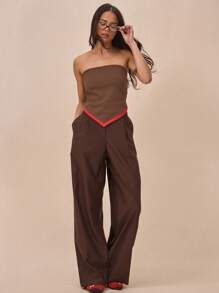 MUSERA Contrast Trim Pointed Hem Fitted Strapless Bandeau Top For Springs Summer Cute - Coffee Brown - View 5