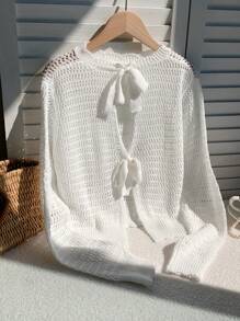 Comfortcana Trang phục bãi biển cho phụ nữ  Summer Bow Tie Women Casual Solid Color Hollow Out Crochet Lace Up Sweater - trắng - Xem 2