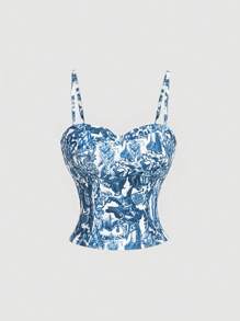 SHEIN MOD Biustonosz typu bustier w kolorze niebieskim i białym z kwiatowym nadrukiem w stylu vintage, krótki top