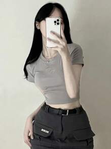 DAZY 女士纯色刺绣短款 T 恤 夏季