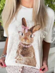 女士休闲卡通兔子印花圆领短袖 T 恤