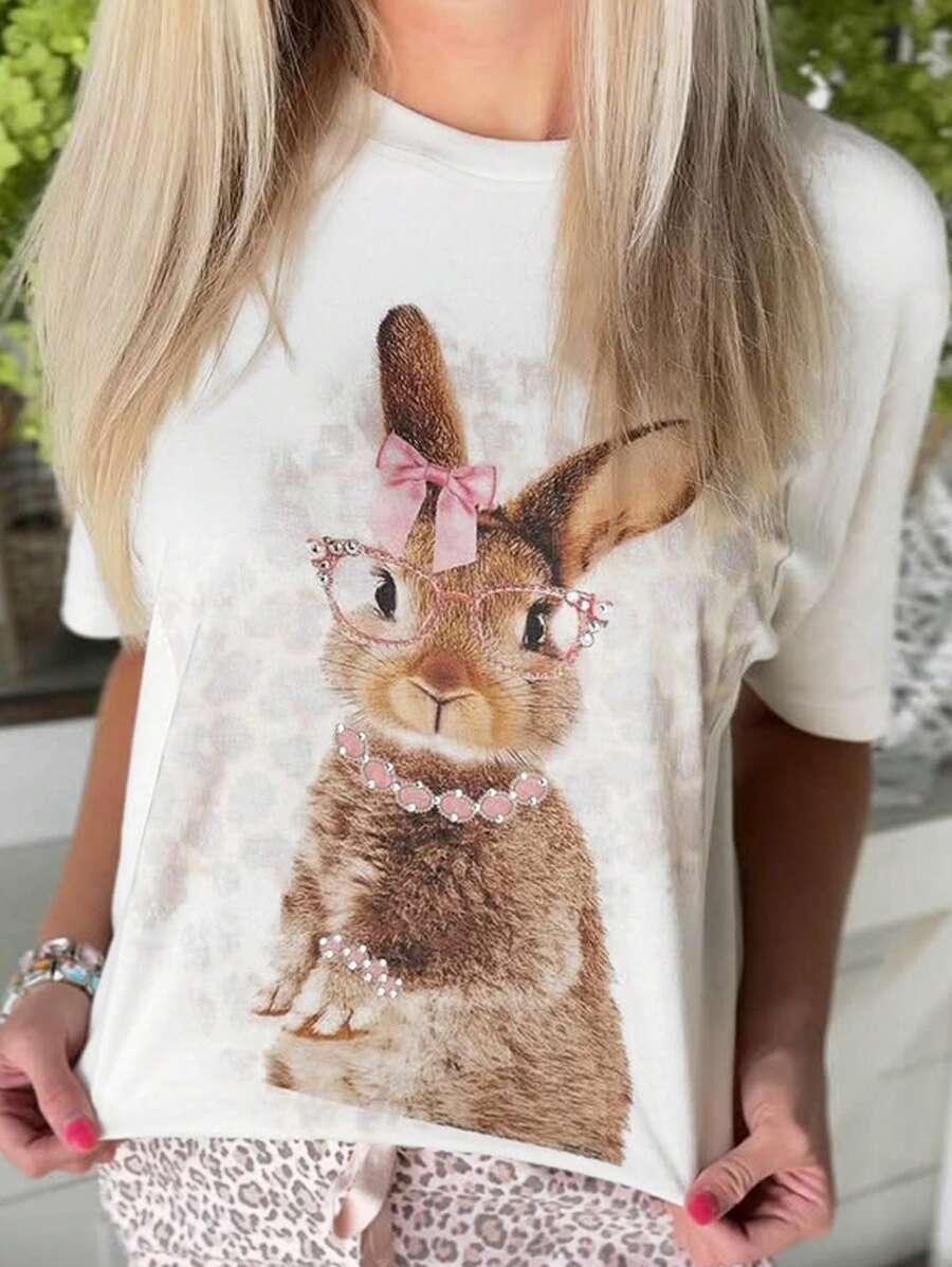 女士休闲卡通兔子印花圆领短袖 T 恤