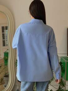 DAZY 女士纯蓝色休闲衬衫，商务休闲 - 藍色 - 查看 2