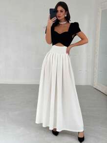 Firerie 女士优雅、精致、浪漫、时尚魅力、日常、通勤、派对、婚礼嘉宾、节日甜心领腰部镂空泡泡袖黑白撞色高腰褶皱 A 字裙 - 黑與白 - 查看 9