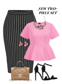 Ellevyn Ensemble de grande taille pour femmes, Top de couleur unie minimaliste et jupe moulante rayée 2 pièces, tenue de bureau, ensembles de 2 pièces pour femmes, ensembles femme, tenues de printemps pour femmes