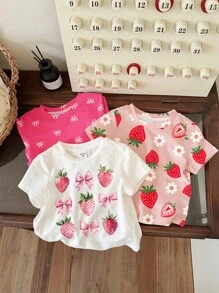 SHEIN 可爱草莓蝴蝶结、花卉心形印花、粉色、休闲基本款短袖圆领 T 恤，适合年轻女孩，适合春夏季 - 彩色 - 查看 3