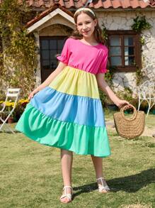 Tween Girls Vacation Style Round Neck Puff Sleeve Colorblock Bowknot Panel Rainbow A-Line Dress - Multicolor - View 4