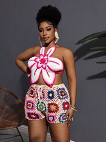 Slaydiva Ensemble top ras-du-cou à dos ouvert et short fleuri pour femmes grande taille - Multicolore - Voir 3