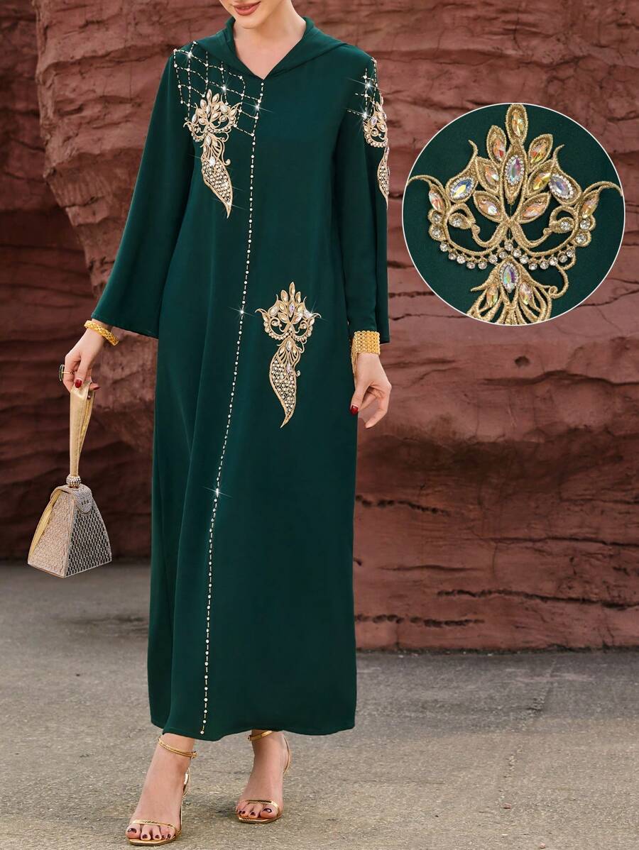 Layrah Handmade Moroccan Style Rhinestone Embellished Long Dress With Hood Kaftan Jalabiya Dress - Dark Green - View 1