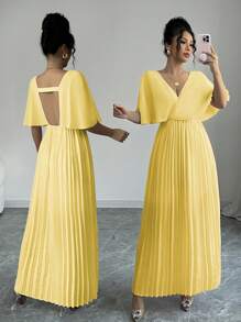 Elenzga Elegant Butterfly Sleeve Pleated A-Line V-Neck Backless Dress, Suitable For Party, New Year, Valentine's Day, Pink