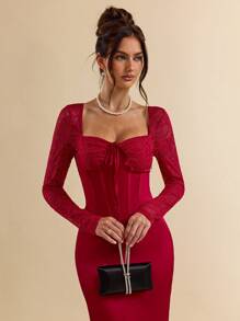 SHEIN BAE Robe de style princesse à l'épaule dégagée, à volants en dentelle florale, avec garniture florale sur la poitrine et style fluide, convenant pour la Saint-Valentin, les fêtes, les rendez-vous romantiques, les demoiselles d'honneur, le bal de promo, le port quotidien. Robe rose mini pour anniversaire - Rose bonbon - Voir 7