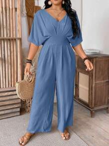 SHEIN Clasi Commute Style Backless Short Sleeve Jumpsuit - Dusty Blue - View 3