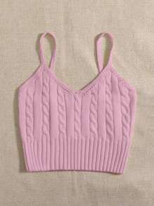 Chiquease Solid Color V-Neck Sleeveless Cropped Cable Knit Tank Spaghetti Strap Top, Great For Dates
