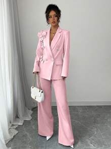 Chiquease 新品春季浪漫约会露肩剪裁水钻双排扣直筒长袖女士西装外套女士套装女士套装优雅女士套装 - 粉色 - 查看 4