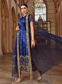 Al Najma 女士网眼长袍连衣裙和阿拉伯风格服装套装 - 藍色 - 查看 3