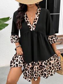 SHEIN Frenchy Plus Size Women's Casual V-Neck Leopard Print Patchwork Dress, Vacation Style