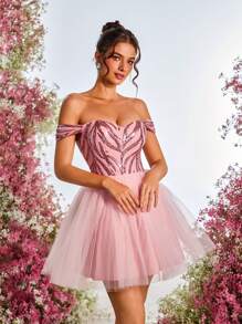 Lovelzi Vestido corto de princesa con un hombro, de línea A, de tela de malla con lentejuelas, elegante, romántico, lindo, de estilo hada, para primavera y verano, color rosa, adecuado para vacaciones, festivales, invitados de boda, graduación, ceremonias de apertura, fiestas de cumpleaños, bailes, vestido de graduación. - Rosa - Ver 3