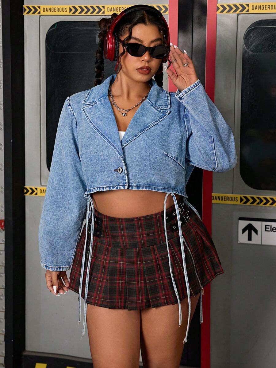 SHEIN ICON Y2k 90 年代大码洗水破洞短款牛仔夹克，休闲牛仔女装春夏演唱会女士休闲西装外套春夏度假海滩落肩复古学院风学院长款牛仔夹克热带度假