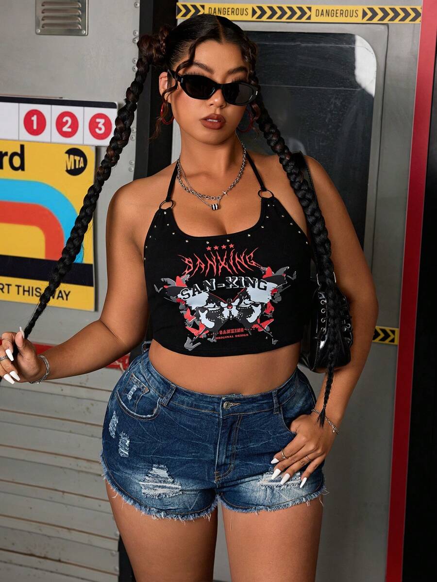 SHEIN ICON 大码女式破洞磨损口袋休闲牛仔短裤热带度假女牛仔复古 Y2k 牛仔短裤热带度假女式夏季学院风街头风格音乐会女式牛仔短裤 - 深色水洗藍 - 查看 1