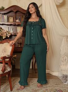 大码蕾丝拼布罗纹短袖上衣和裤子睡衣套装